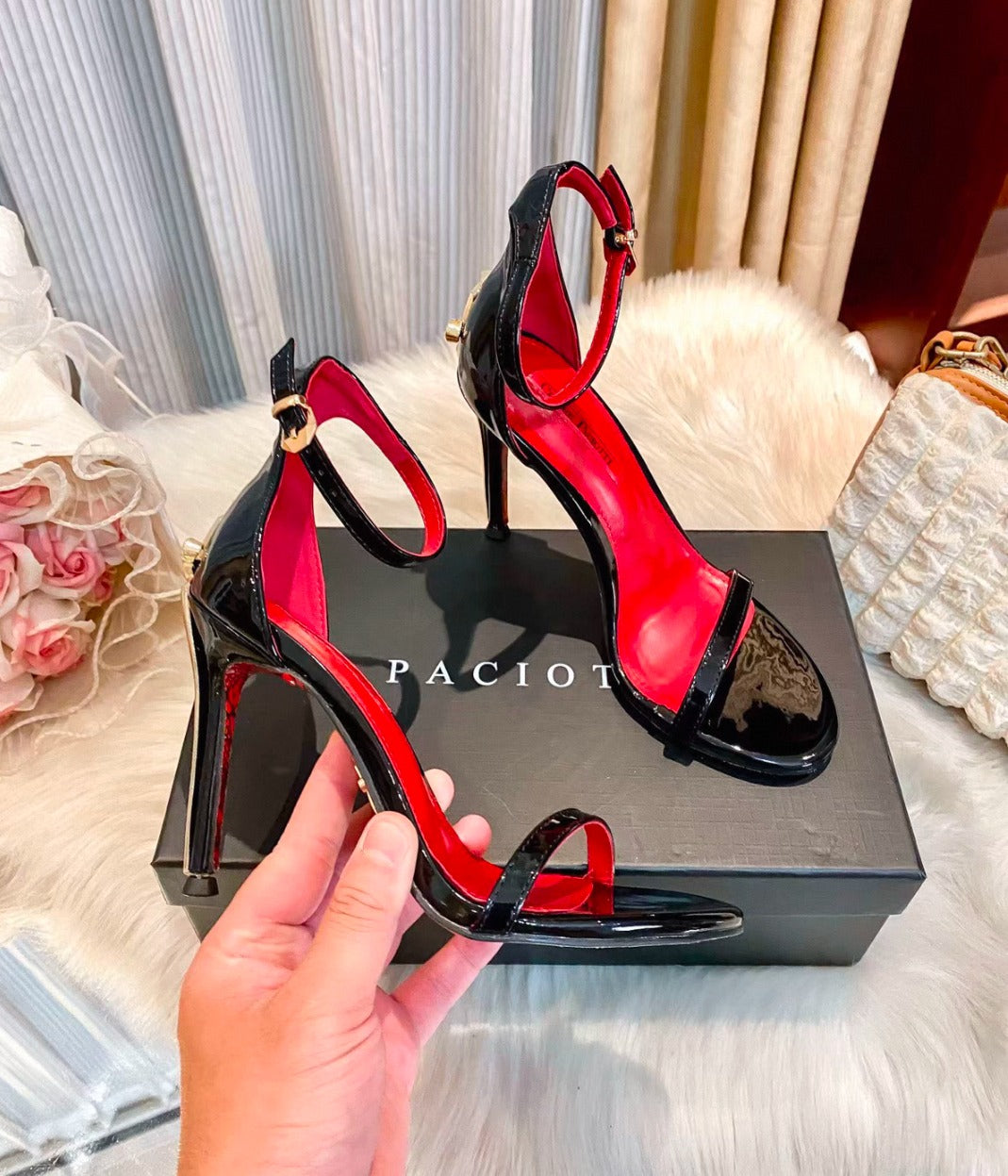 Black Patent Ankle Strap Stiletto Sandals