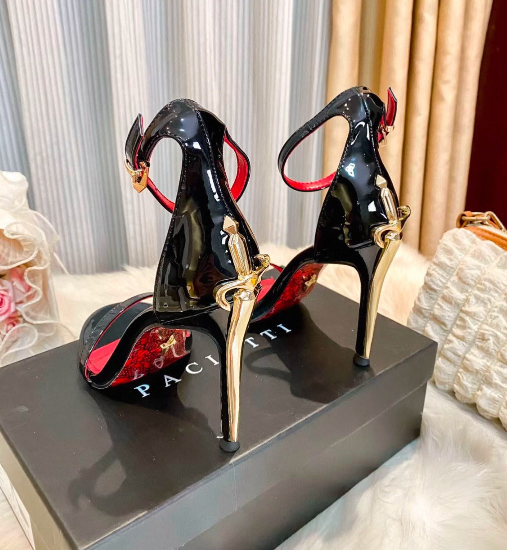 Black Patent Ankle Strap Stiletto Sandals
