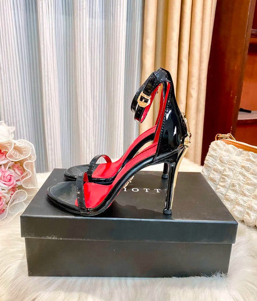 Black Patent Ankle Strap Stiletto Sandals