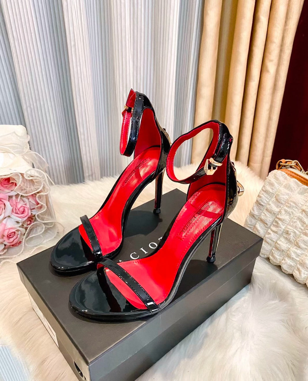 Black Patent Ankle Strap Stiletto Sandals