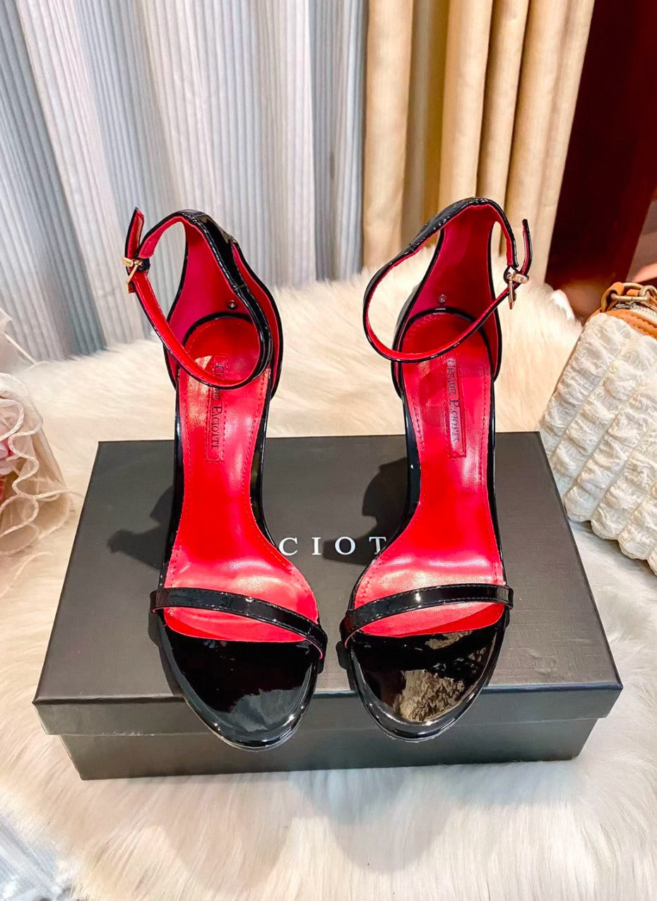 Black Patent Ankle Strap Stiletto Sandals