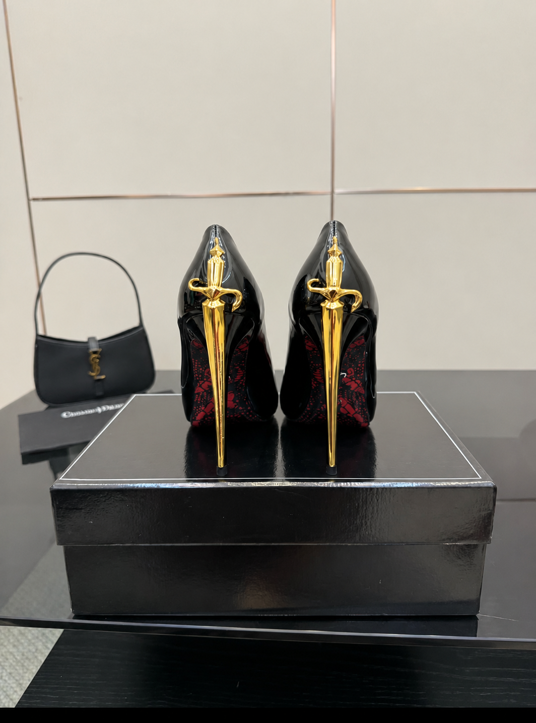 Black Patent Leather Dagger-Heel Pumps
